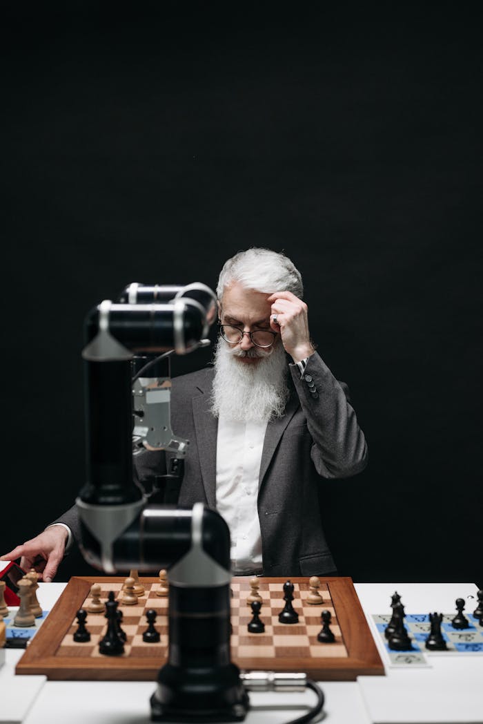 An elderly man competes in chess against a robotic arm, symbolizing strategy and technology fusion.
